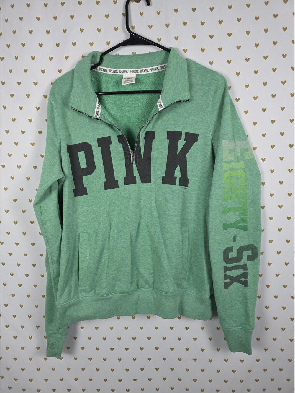 Victorias Secret Pink Green Quarter zip Logo Sweater Shirt MEDIUM